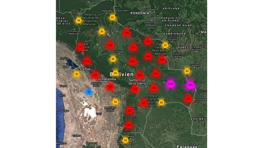 Karte mit Brandherden in Bolivien