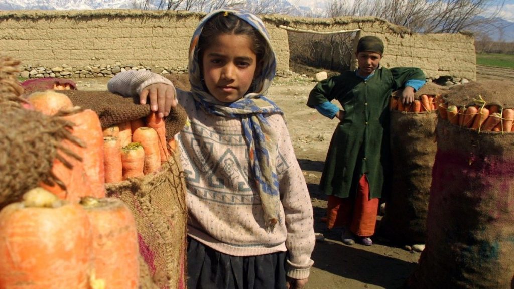 Ein Junge und ein Mädchen aus Afghanistan lehnen an Säcke voll Möhren an
