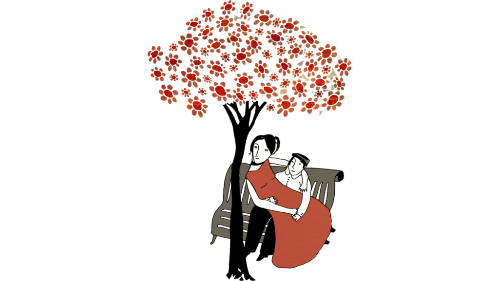 Illustration - Frau sitzt unter einem Baum auf dem Schoß eines Mannes